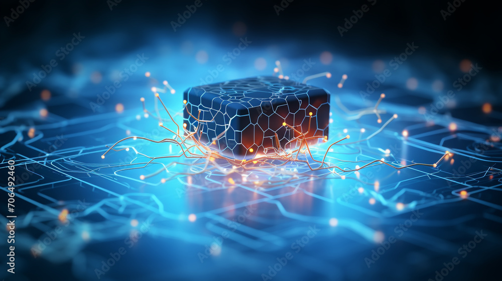 brain and network connection on glitter bright lights colorful background - obrazy, fototapety, plakaty 