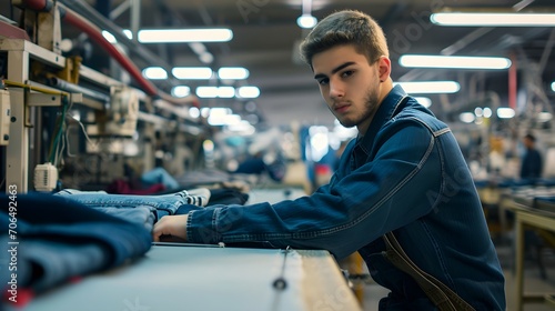 A young male worker in denim jacket leaning on a factory table beside jeans apparel.