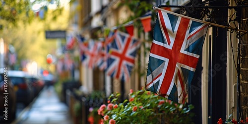 "Bunting of British flags adorning the street in preparation for a patriotic holiday."