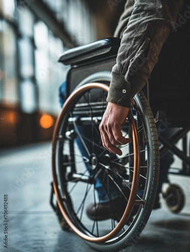 A man with a wheelchair disability receiving support and medical care in a hospital clinic.