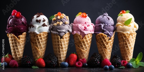 An assortment of ice cream flavors including blueberry, strawberry, pistachio, almond, orange, and cherry displayed on a dark stone background, representing a menu for the warm season.