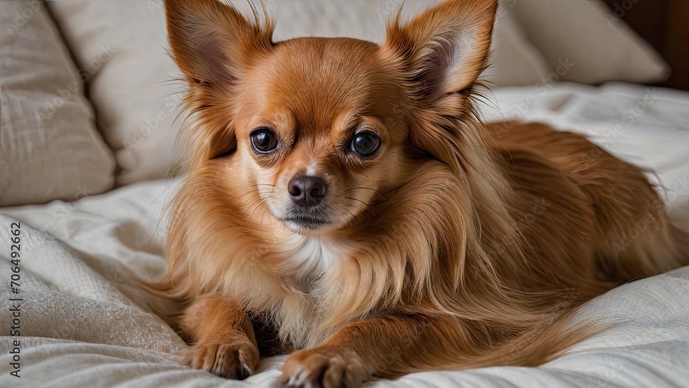 Red chihuahua dog lying on bed in the bedroom Red chihuahua dog lying on bed in the bedroom