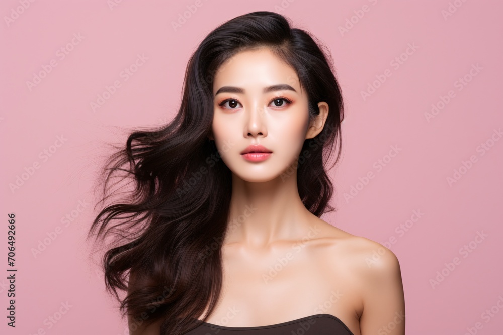 Fototapeta premium A youthful Asian woman with a Korean-inspired makeup look touches her face, revealing flawless skin against a pink backdrop.