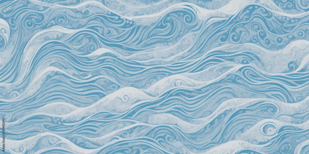 Fototapeta premium Vector ocean wave line blue and white background. Ocean sea art with natural template. Seamless soft blue ocean pattern wave water background.