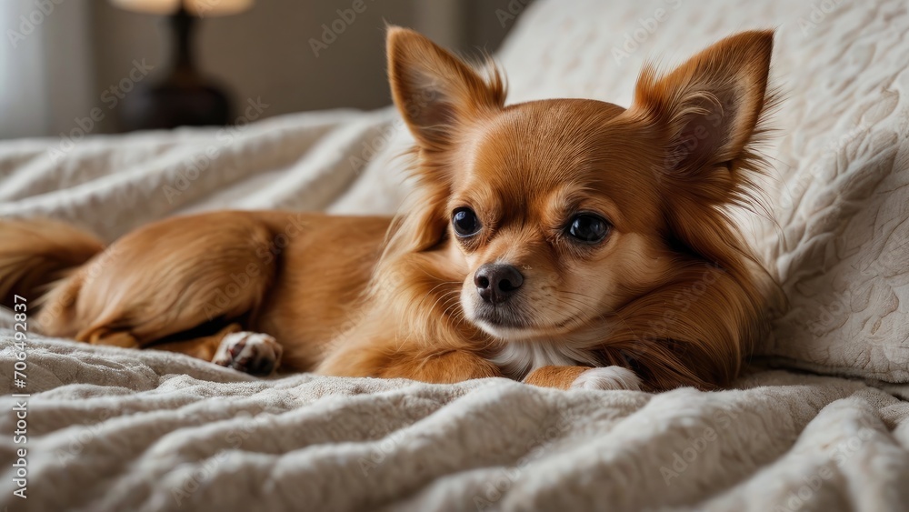 Red chihuahua dog lying on bed in the bedroom Red chihuahua dog lying on bed in the bedroom
