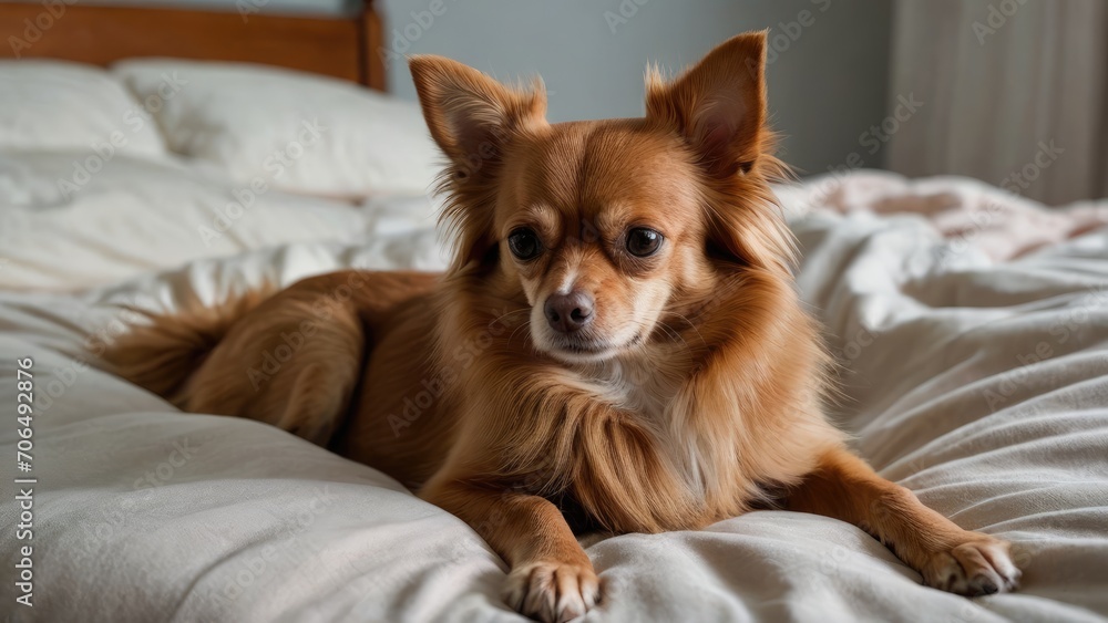 Red chihuahua dog lying on bed in the bedroom Red chihuahua dog lying on bed in the bedroom