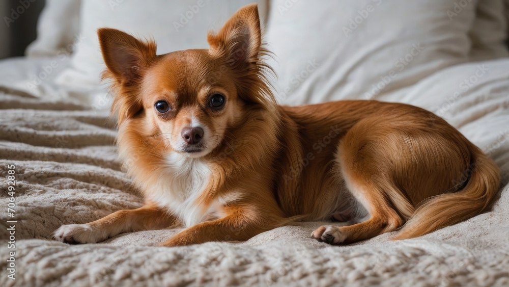Red chihuahua dog lying on bed in the bedroom Red chihuahua dog lying on bed in the bedroom