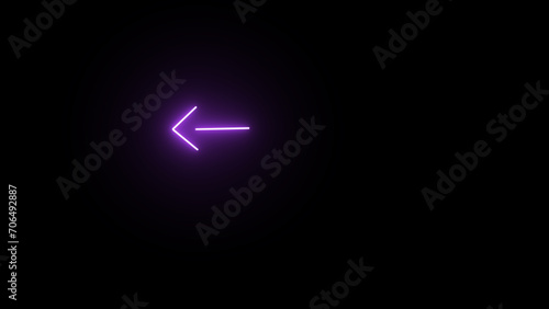 Arrow purple glowing neon  icon. Glowing sign logo vector left arrow  icon with black  backgroundn. photo