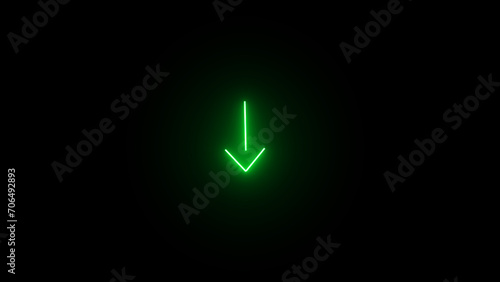 Arrow green doun glowing neon  icon. Glowing sign logo vector  arrow  icon with black  backgroundn. photo
