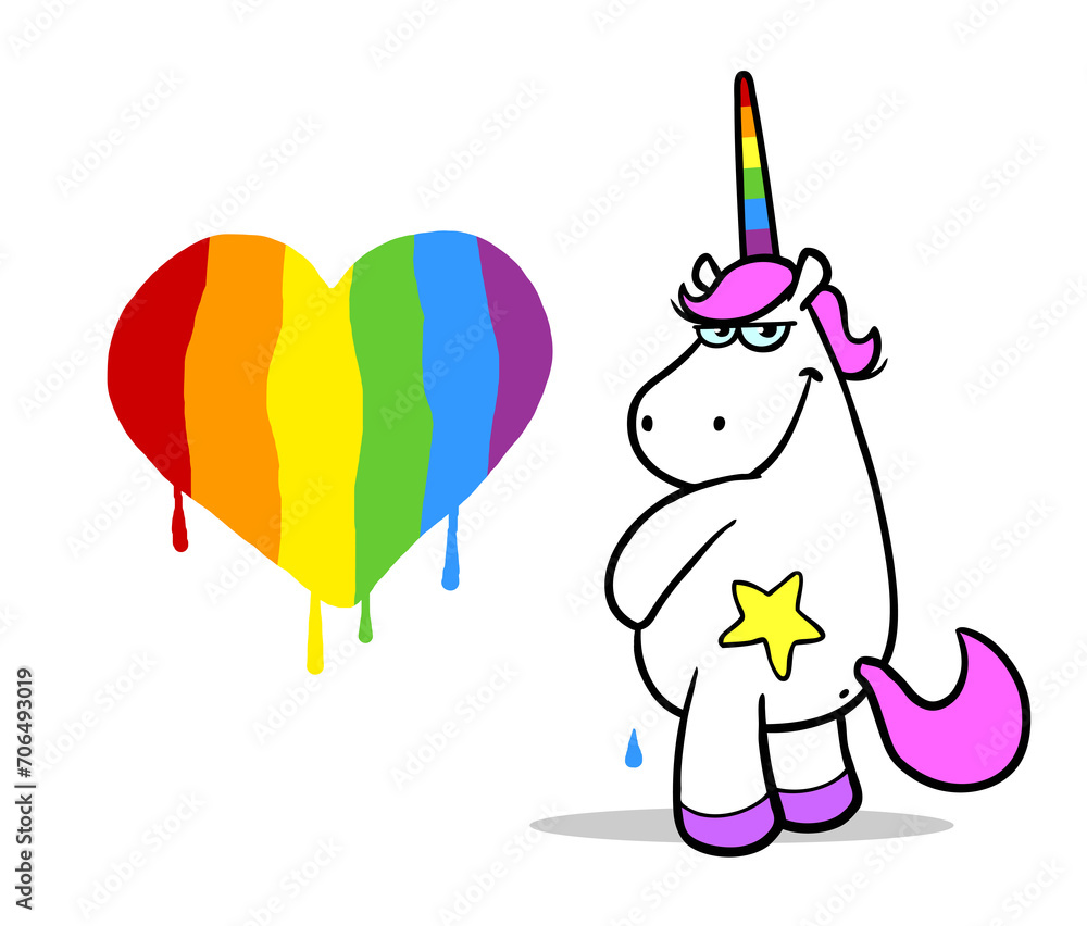 Fototapeta premium Freches rosa Einhorn pinkelt Herz in Regenbogen Farben
