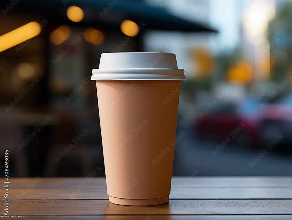 Close-up of disposable cup on table, take away paper cup, Generated AI Close-up of disposable cup on table, take away paper cup, Generated AI