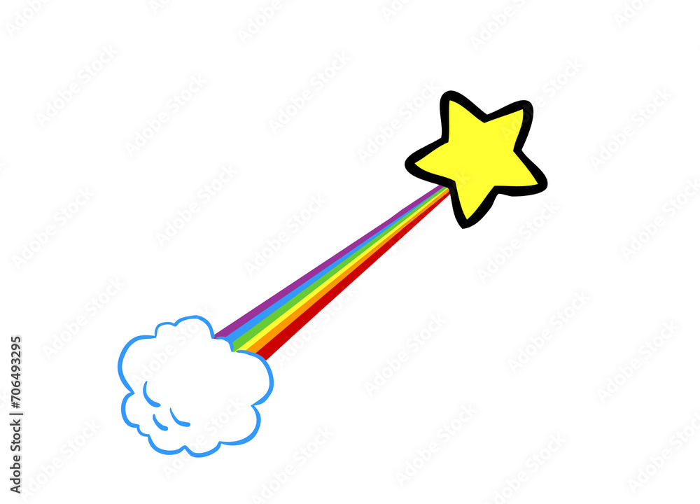 Gelber Stern als Regenbogen Sternschnuppe mit Wolke im Himmel Gelber Stern als Regenbogen Sternschnuppe mit Wolke im Himmel