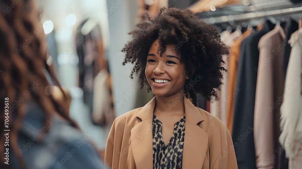 A cheerful young woman with curly hair and a radiant smile, wearing a stylish trench coat, stands in a clothing store. A cheerful young woman with curly hair and a radiant smile, wearing a stylish trench coat, stands in a clothing store.