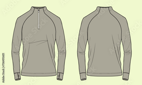 mens zip through funnel neck flat sketch vector illustration gym and training long sleeve zip up sports t shirt technical cad drawing template