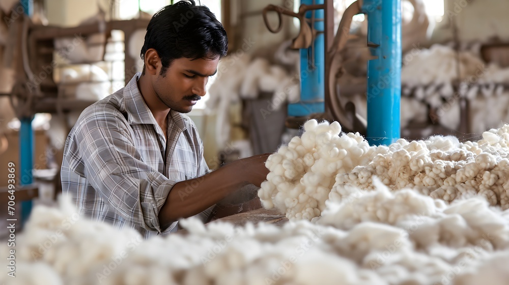 A diligent man works with piles of fluffy cotton in a busy textile factory, examining the material before processing.