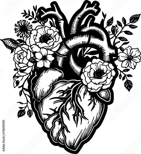 Anatomical heart with flowers simple vector. Floral black heart silhouette. Valentine’s Day outline love symbol graphic design.