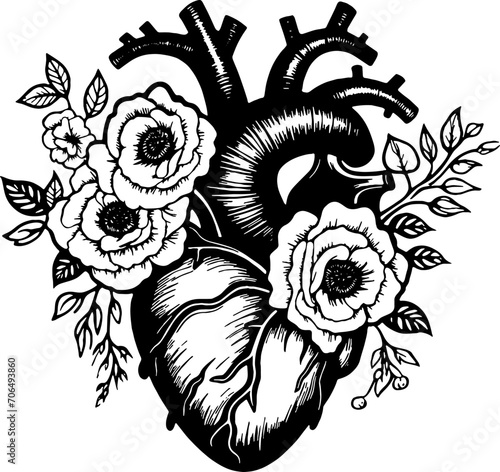 Anatomical heart with flowers simple vector. Floral black heart silhouette. Valentine’s Day outline love symbol graphic design.