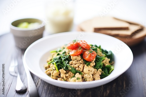 high protein scrambled tofu with lentils and spinach