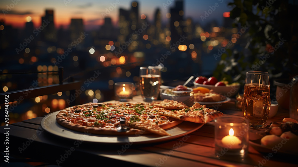 Classic pizza in restaurant at balcony. Evening lights