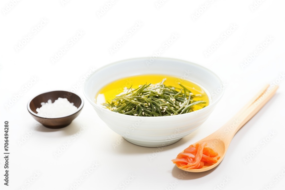 bowl of bright green seaweed salad, sesame seeds on top, white background