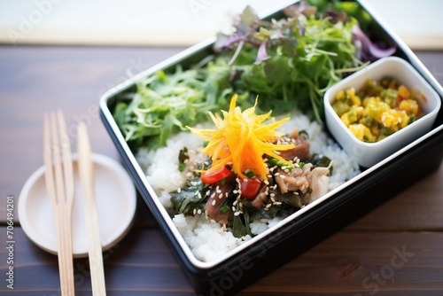 seaweed salad in a bento box with rice, divided compartments photo