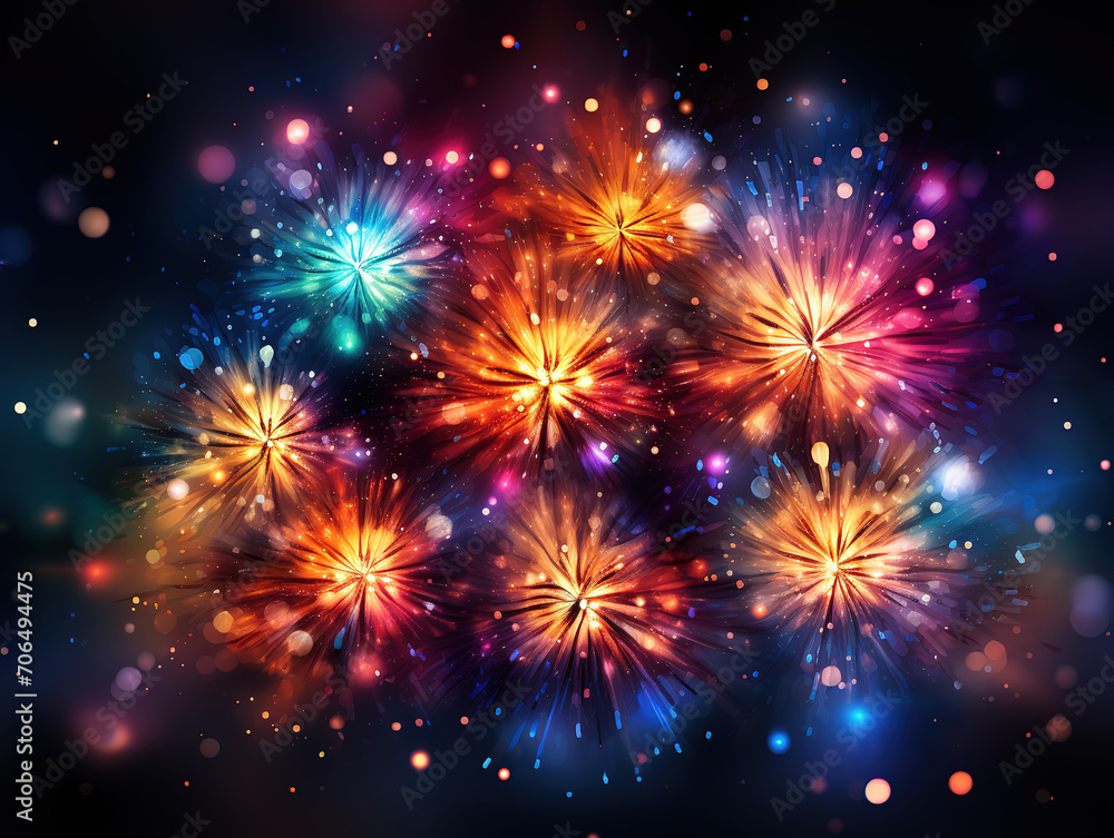 Glorious abstract new year background with colorful fireworks and christmas lights