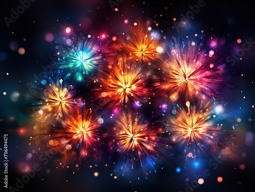 Glorious abstract new year background with colorful fireworks and christmas lights