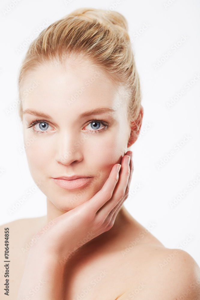 Portrait of model, touching face or natural skincare for wellness with smooth aesthetic or healthy glow. Facial dermatology, studio or confident woman with pride or beauty results on white background Portrait of model, touching face or natural skincare for wellness with smooth aesthetic or healthy glow. Facial dermatology, studio or confident woman with pride or beauty results on white background
