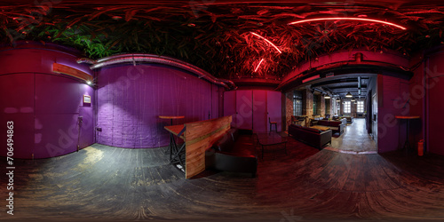 full spherical seamless hdri 360 panorama in interior stylish vintage loft nightclub bar with brick wall and neon light in equirectangular projection. VR content