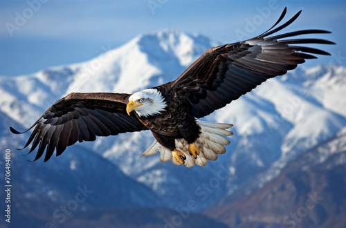 a bald eagle soaring over a mountain range with its wings spread out and spread wide open, with a snowy mountain in the background, generative ai
