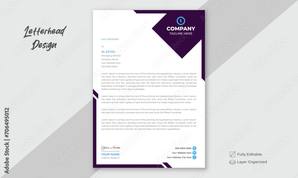 Professional and clean, modern, creative letterhead design, business proposal letter.	