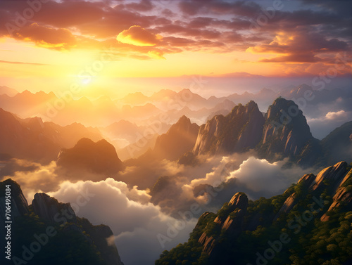 Magical Sunset in Chinese Mountains AI Artwork