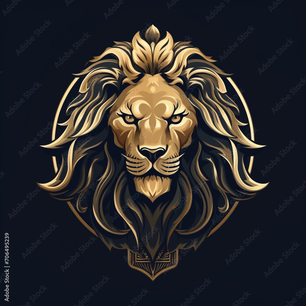 Ilustracion de tipo logotipo con leon de aspecto señorial y tonos dorados, sobre fondo de color negro Ilustracion de tipo logotipo con leon de aspecto señorial y tonos dorados, sobre fondo de color negro