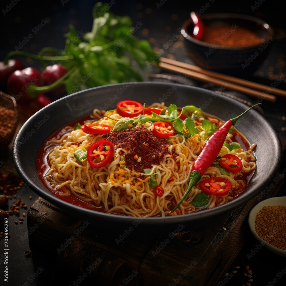 Healthy and tasty maggi mee instant noodle with chillies on a dark table. Traditional Asian cuisine. ai generative