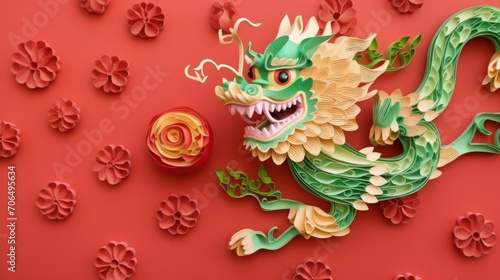 green chinese paper dragon on red paper background, space for text.ai generative