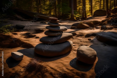 A striking image of intricately stacked and balanced rocks in a serene natural setting, the perfect lighting highlighting the details of each rock, the textures, and the delicate.
