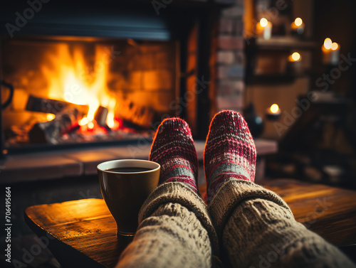 Attractive feet in woollen socks by the Christmas fireplace, Woman relaxes by warm fire photo