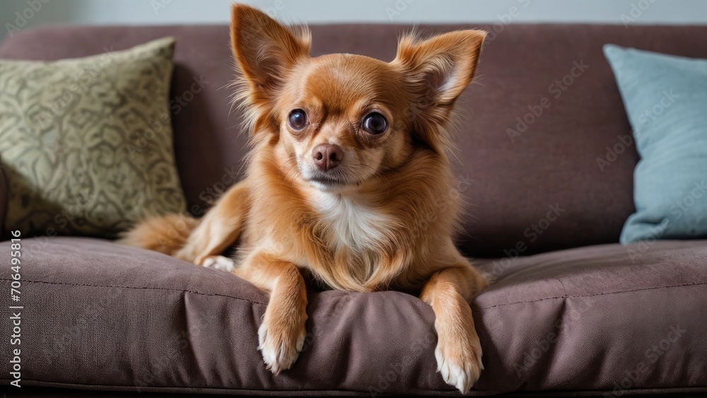 Red chihuahua dog lying on sofa at home