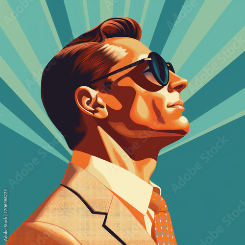Ilustracion de estilo vintage de hombre de perfil con ropa elegante y gafas de sol, con fondo de tonos verdes