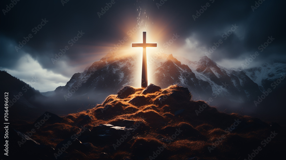 Silhouettes of crucifix symbol on top mountain with bright sunbeam on the colorful sky background - obrazy, fototapety, plakaty 