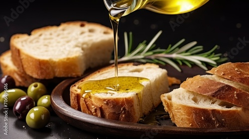 A Rich Close-Up of Olive Oil Gently Pouring onto Artisanal Bread in the Dim Light photo