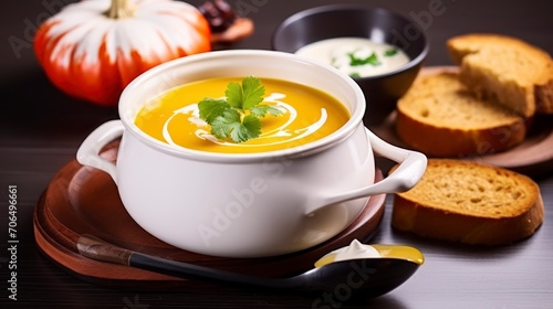 Autumn Delight - Pumpkin soup with cream in ceramic pot