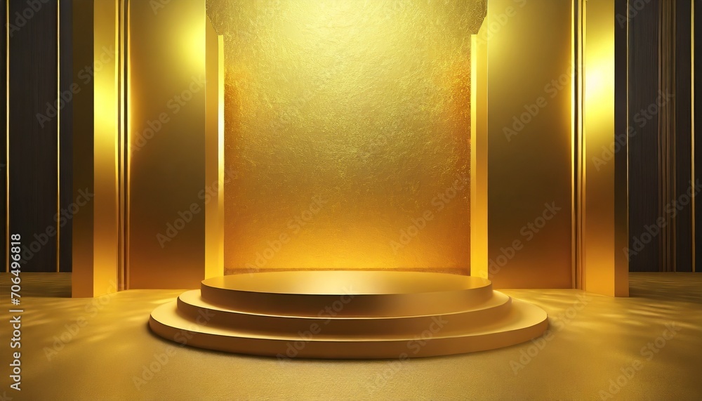 golden light in the room.a visually opulent 3D render of an abstract luxury gold background with a product display podium stand. Include an empty advertising pedestal showcase stage against a golden w golden light in the room.a visually opulent 3D render of an abstract luxury gold background with a product display podium stand. Include an empty advertising pedestal showcase stage against a golden w