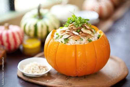 pumpkin and carrot stew in a hollowed-out pumpkin, crꣃ洀攀 昀爀愀쌀®che on top photo