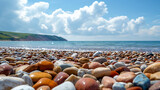 Shingle Or Stones On A Beach Washed Up By The Sea On A Bright Sunny Day. Beach Chairs Looking Out To Sea. Background.