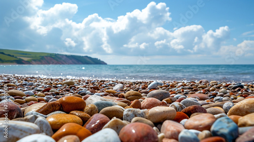 Shingle Or Stones On A Beach Washed Up By The Sea On A Bright Sunny Day. Beach Chairs Looking Out To Sea. Background.