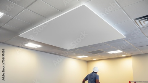 Ceiling installation with professional technicians. Generative AI photo