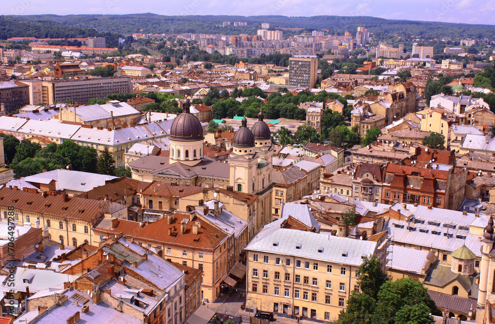 Ukraine. Lviv.View from above of the historical part of the city.