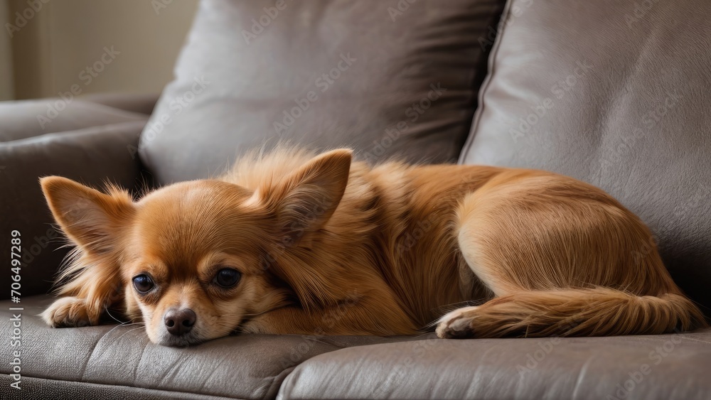 Red chihuahua dog lying on sofa in living room