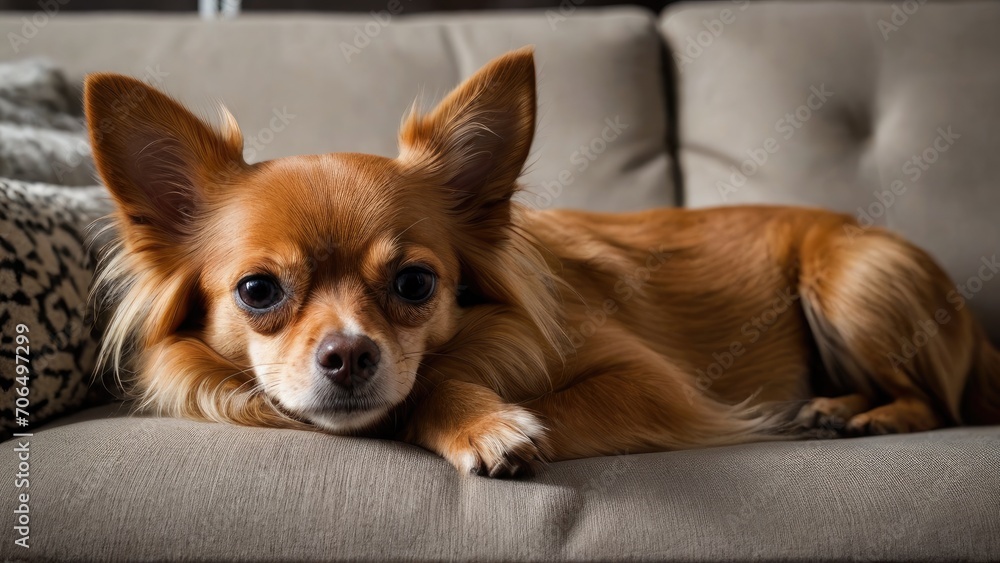Red chihuahua dog lying on sofa in living room